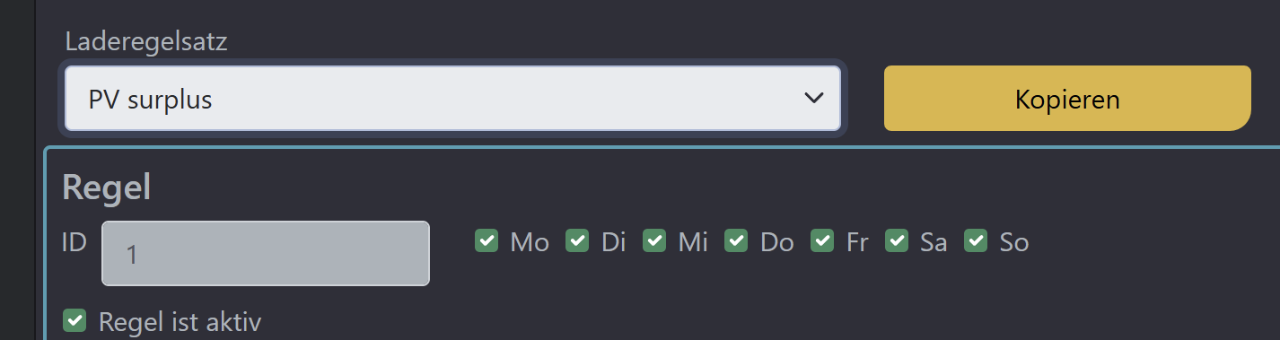 Screenshot Dialog Laderegel für PV-Überschussladen